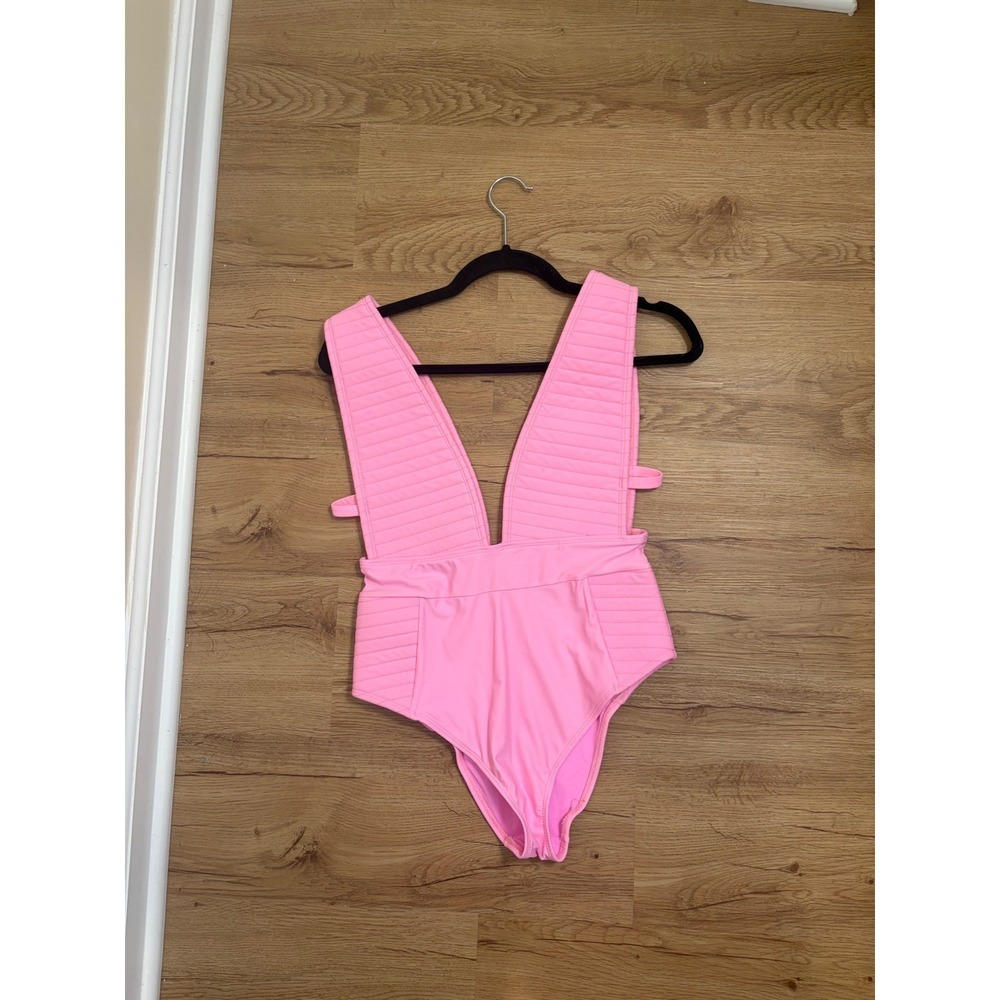 ASOS Swimsuit Women 6 Pink Deep V One Piece Quilted Textured High Cut Strappy - Picture 5 of 7